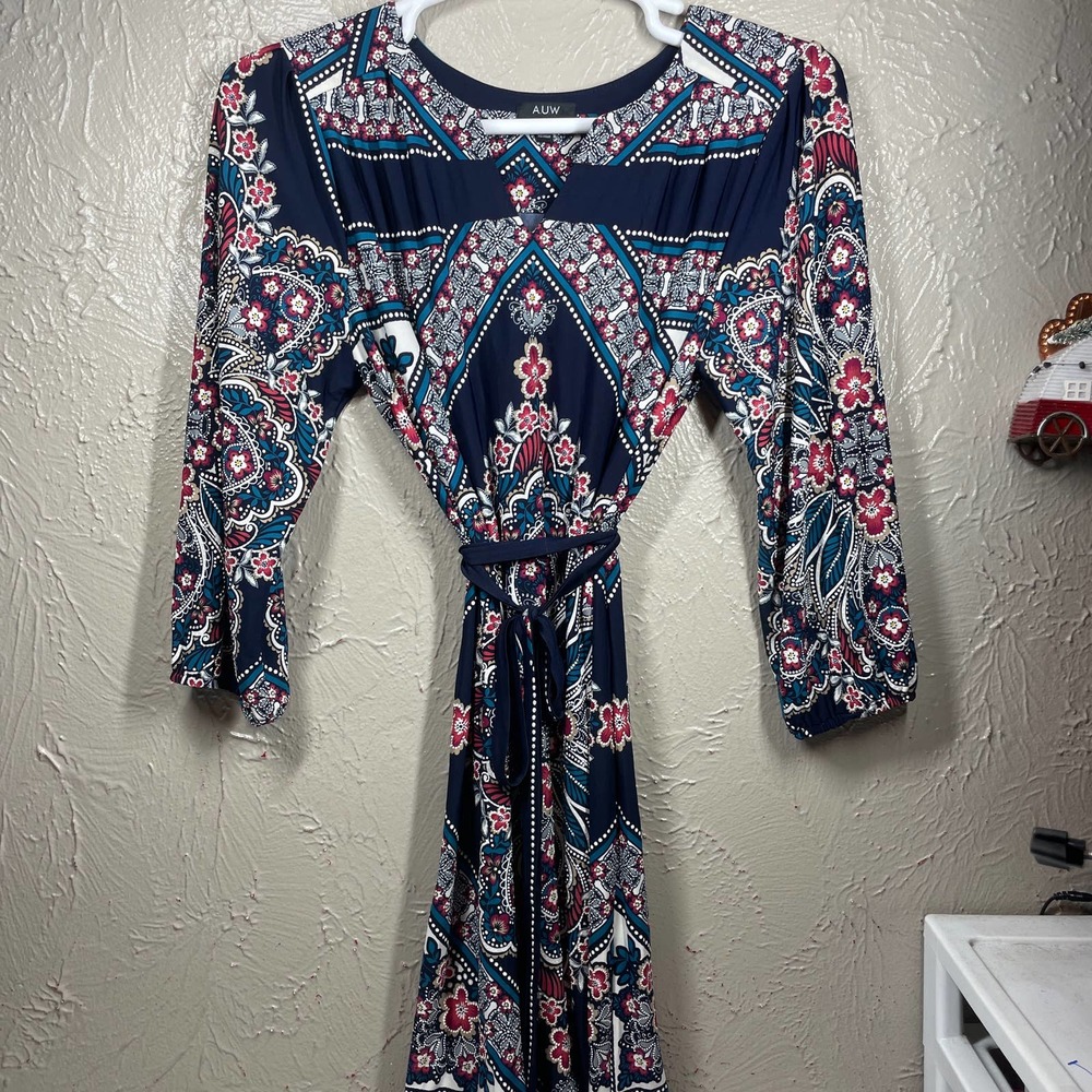 A.U.W Black Long Sleeve V Neck Adjustable Waist Tie Floral Print Dress Womens 10
